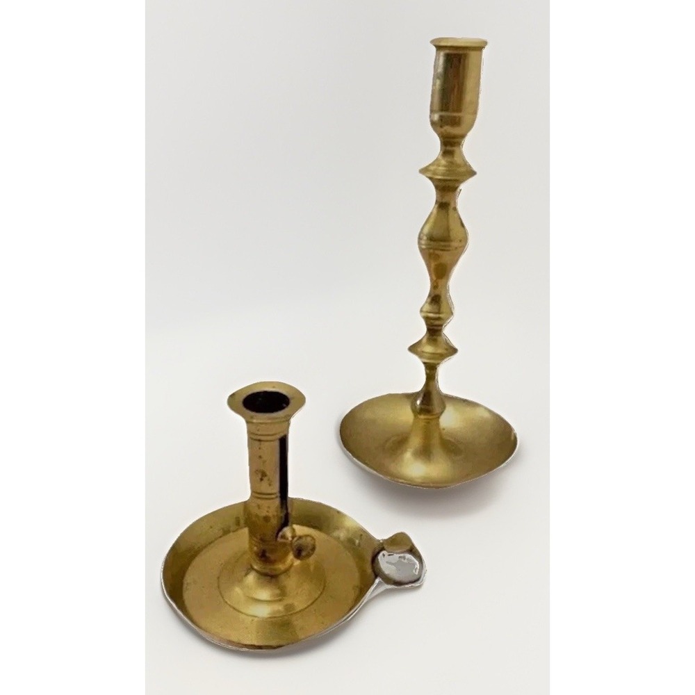 VTG Brass Chamber Candle Holder 2PC Lot Nautical Rustic French Country Worn Old